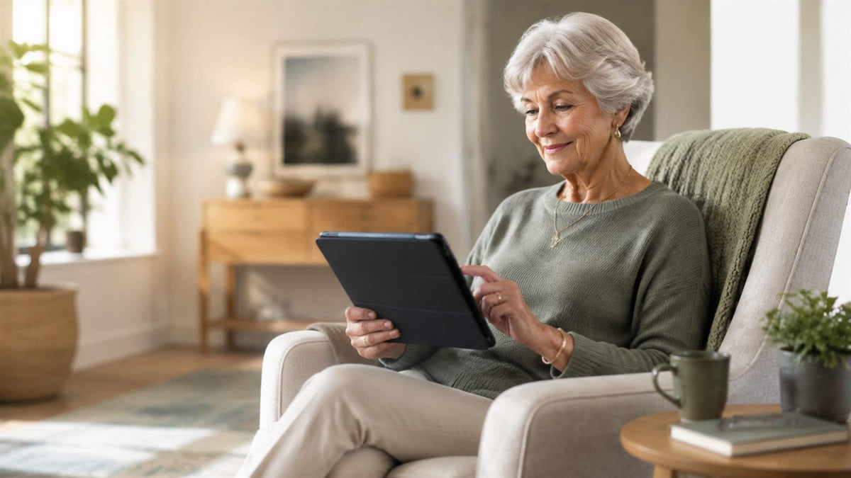 Older woman using a simple tablet at home, illustrating senior-friendly technology for independent living