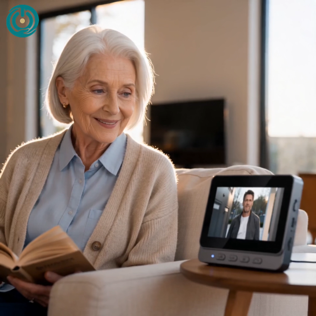 Senior woman sitting on a couch viewing a visitor on the dedicated 4.3-inch home screen of the video doorbell