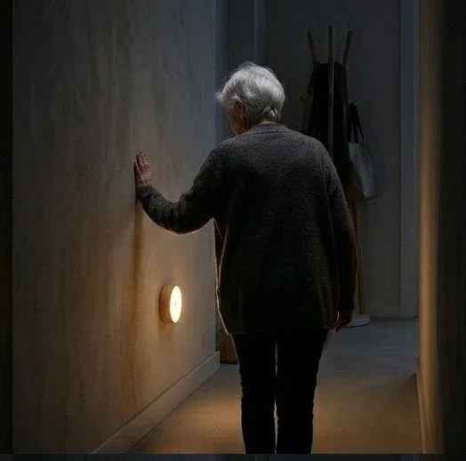 senior citizen using motion sensor night lights in hallway