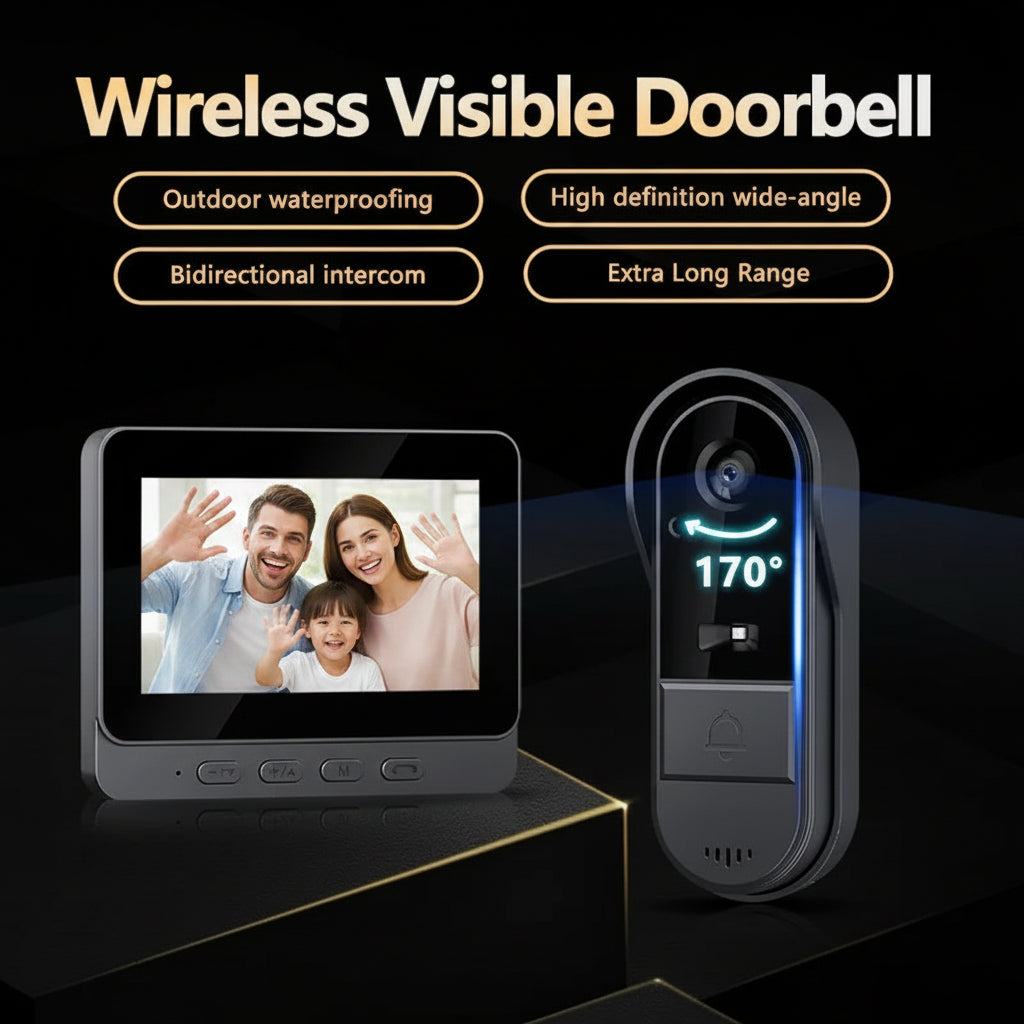 Wireless Large Screen Video Doorbell for Seniors with 170-degree wide-angle lens and feature callouts for waterproofing