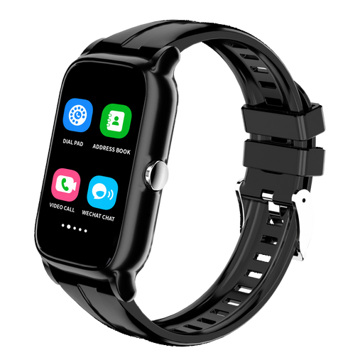 Side view of black GPS smartwatch for seniors with adjustable silicone strap