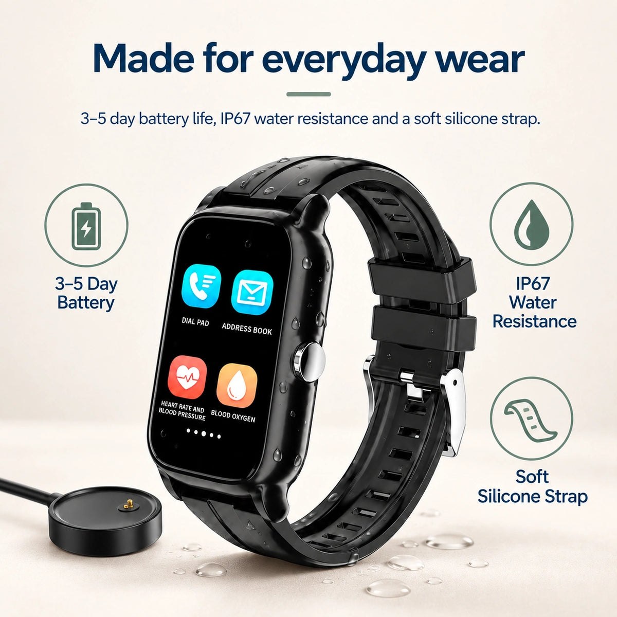 Everyday Wear Senior Smartwatch | 3–5 Day Battery, IP67 & Soft Strap