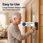 Senior man pressing the large, easy one-press call button on his mounted outdoor Large Screen Video Doorbell for Seniors