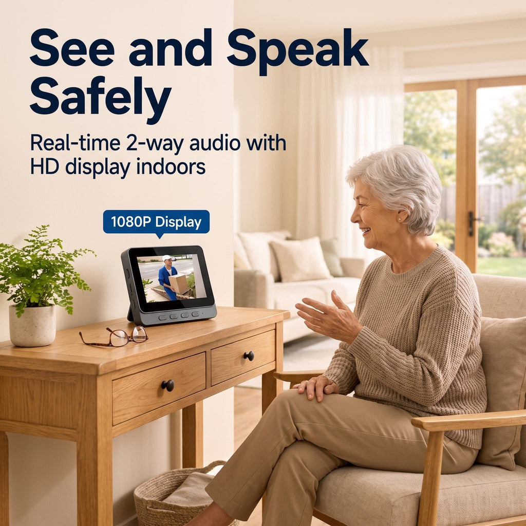 Senior woman sitting indoors using the two-way audio feature on her Large Screen Video Doorbell for Seniors HD monitor