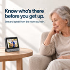Older woman viewing a doorstep visitor on an EaseLiving indoor video doorbell monitor without using a smartphone