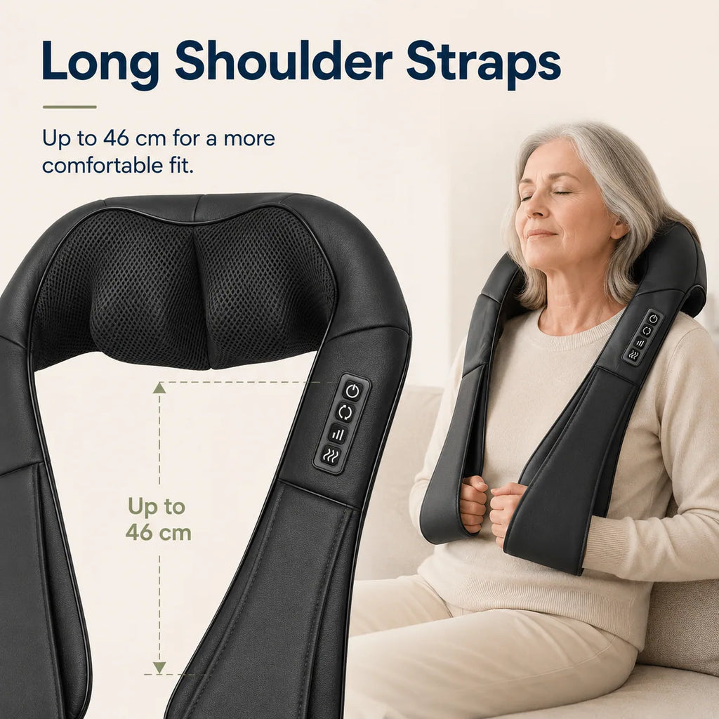 Shiatsu neck and shoulder massager with long adjustable straps up to 46 cm