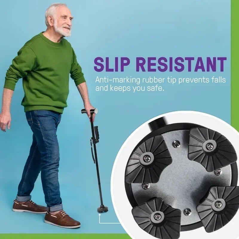 Smart Walking Cane for Seniors with SOS Alarm - Foldable, LED & 4 - Prong Pivot Base - EaseLiving