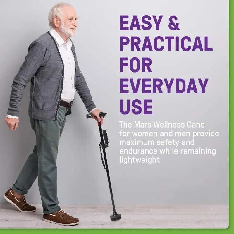 Smart Walking Cane for Seniors with SOS Alarm - Foldable, LED & 4 - Prong Pivot Base - EaseLiving