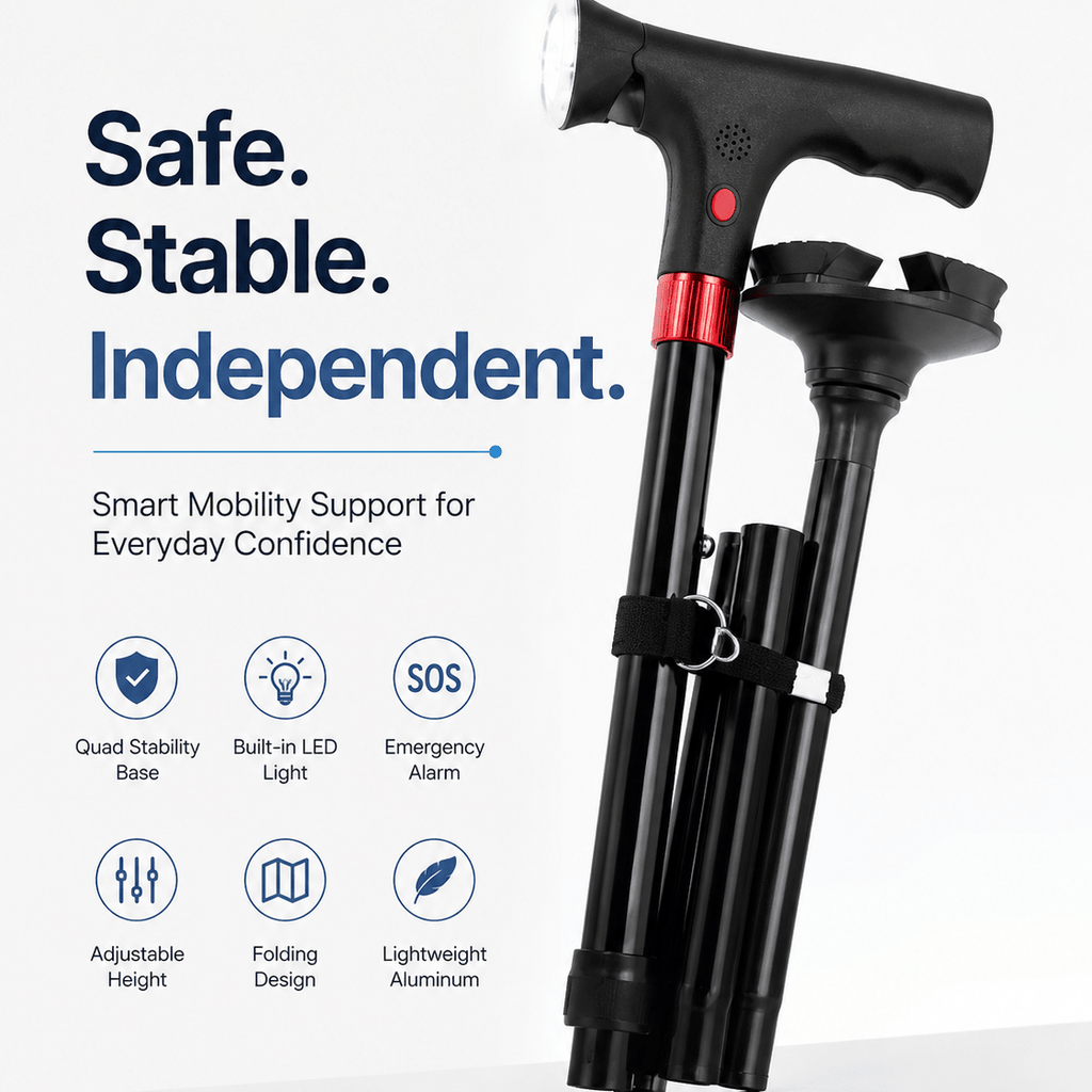Smart Walking Cane for Seniors with SOS Alarm - Foldable, LED & 4 - Prong Pivot Base - EaseLiving