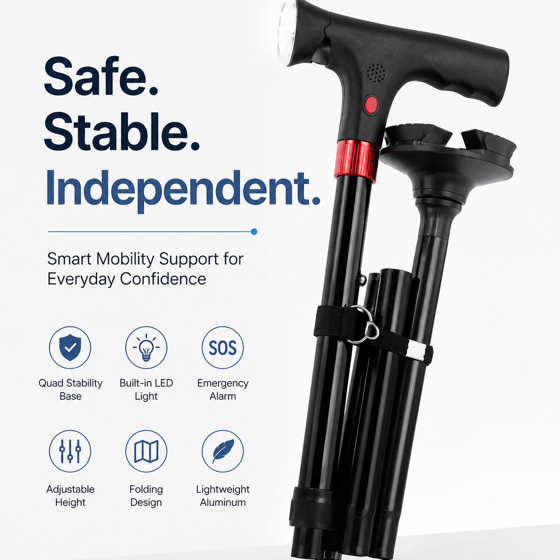 Smart Walking Cane for Seniors with SOS Alarm - Foldable, LED & 4 - Prong Pivot Base - EaseLiving