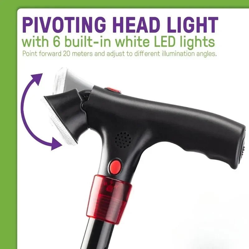 Smart Walking Cane for Seniors with SOS Alarm - Foldable, LED & 4 - Prong Pivot Base - EaseLiving