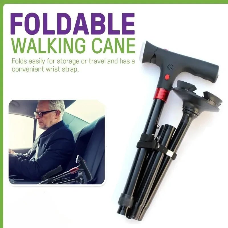 Smart Walking Cane for Seniors with SOS Alarm - Foldable, LED & 4 - Prong Pivot Base - EaseLiving