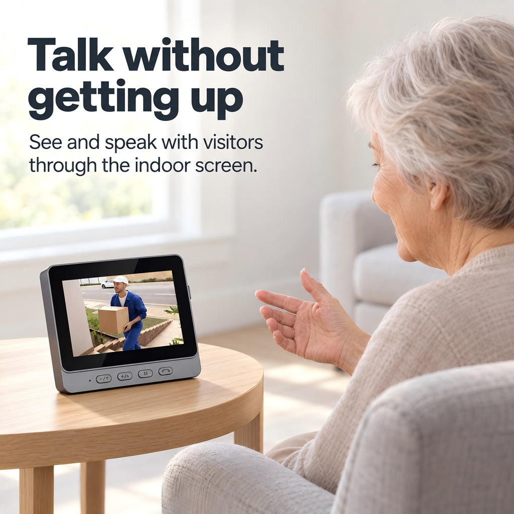 Older adult speaking with a doorstep visitor through the EaseLiving indoor video doorbell monitor