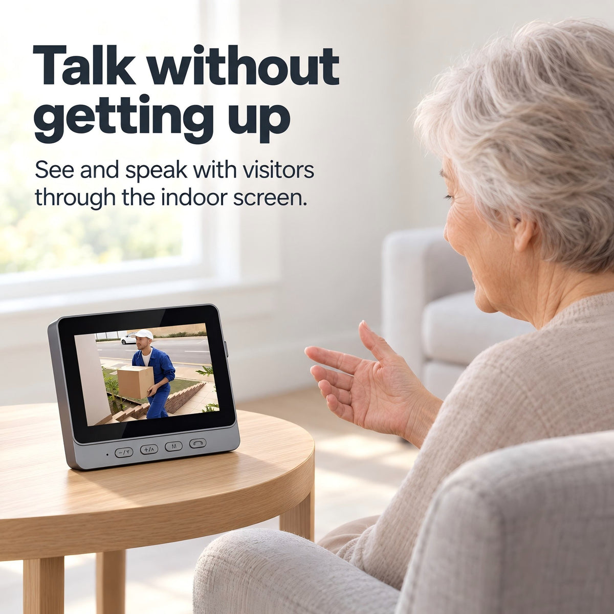 Older adult speaking with a doorstep visitor through the EaseLiving indoor video doorbell monitor