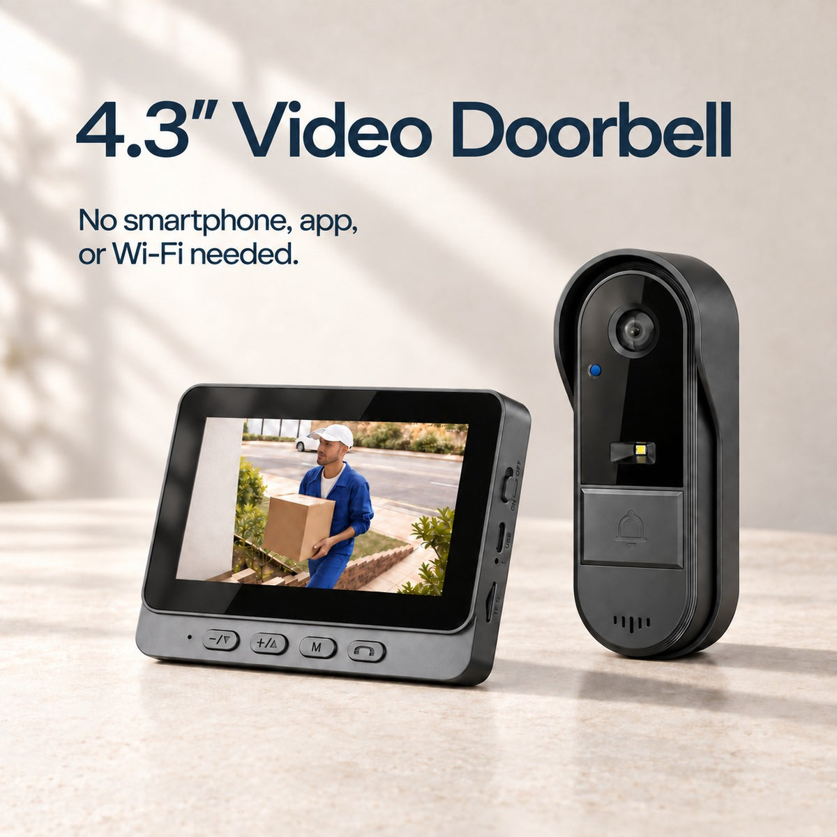 EaseLiving video doorbell for seniors with outdoor camera and dedicated 4.3-inch indoor screen, with no home Wi-Fi required