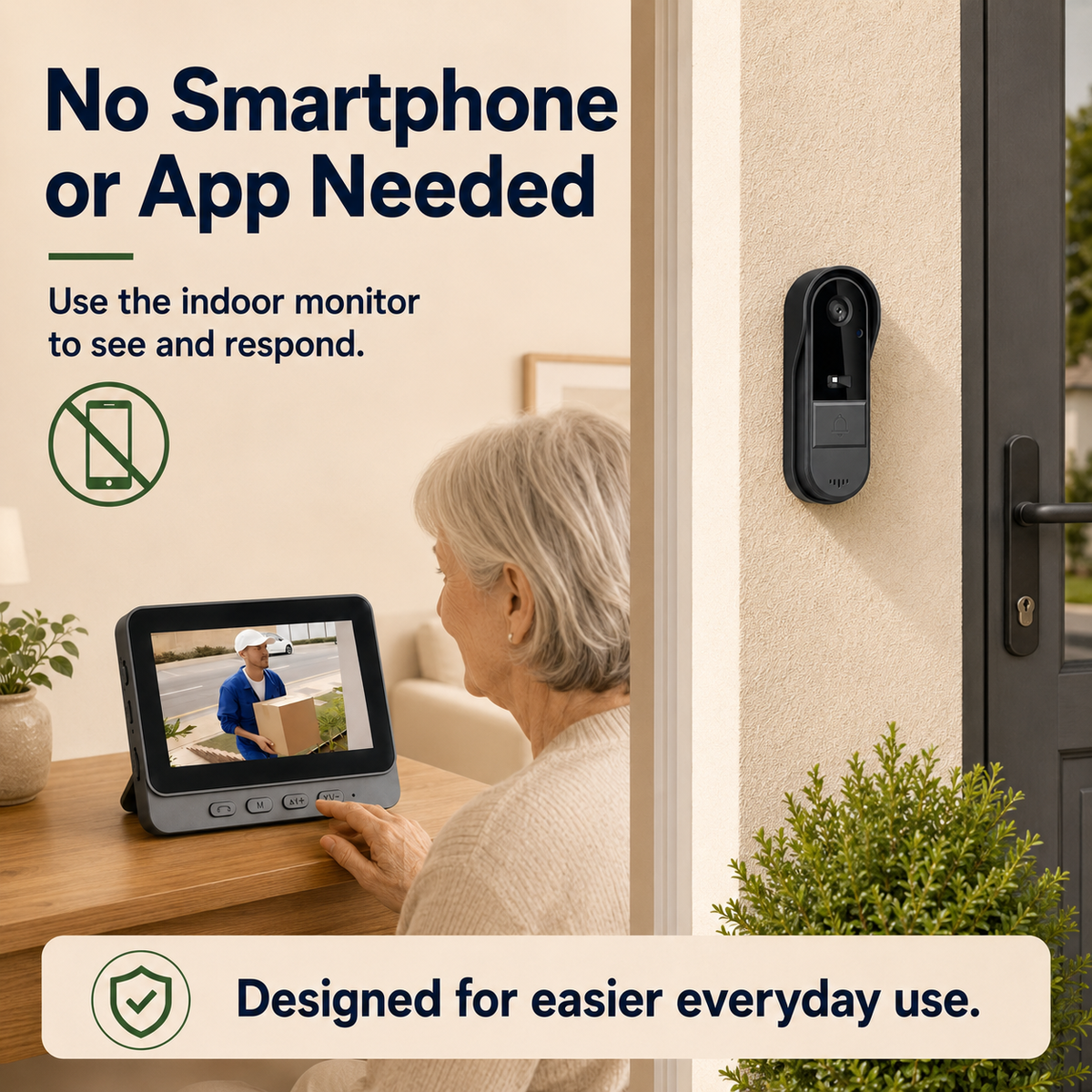 senior-friendly video doorbell with indoor screen that works without a smartphone or app